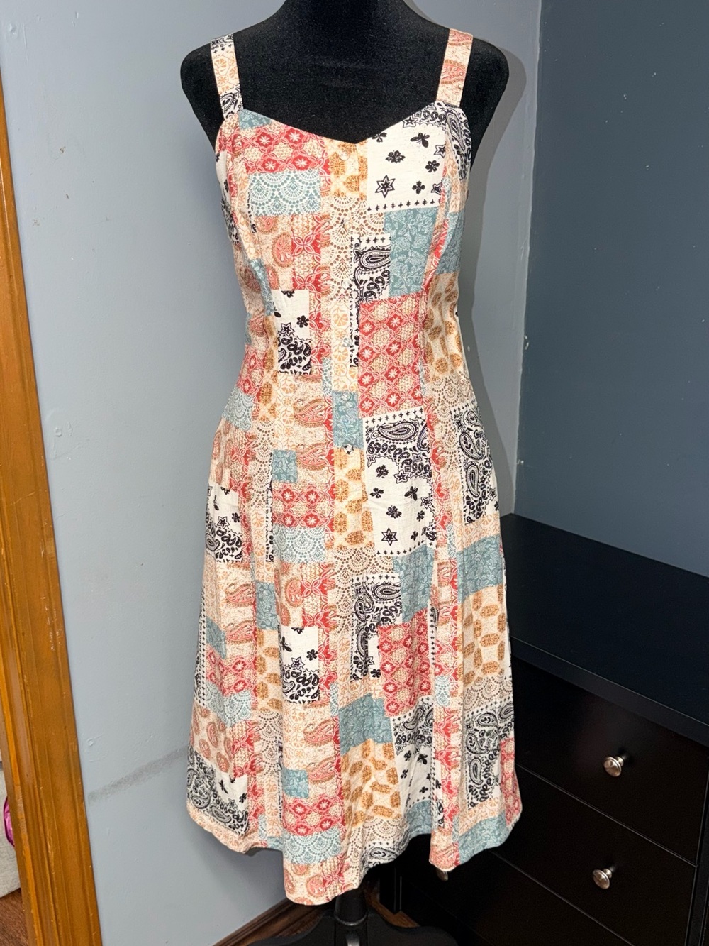 Jane and Delancey Patchwork Midi Dress in Coral, Teal & Black